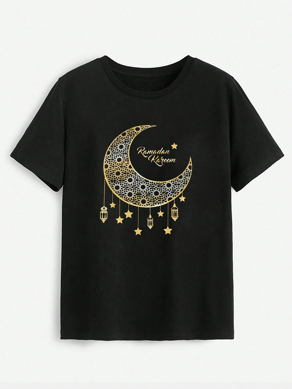 Moon Graphic Round Neck Short Sleeve T-Shirt | Trendsi