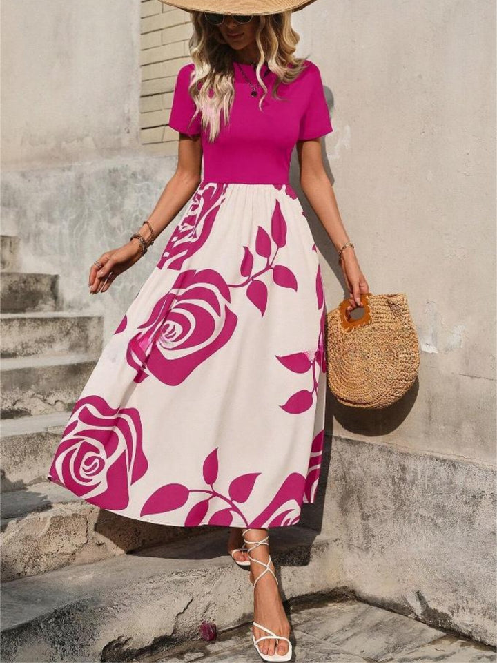 Rose Printed Round Neck Short Sleeve Dress | Trendsi