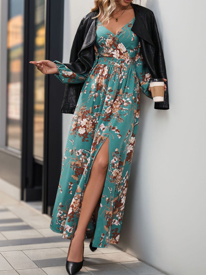 Slit Printed Surplice Long Sleeve Maxi Dress | Trendsi