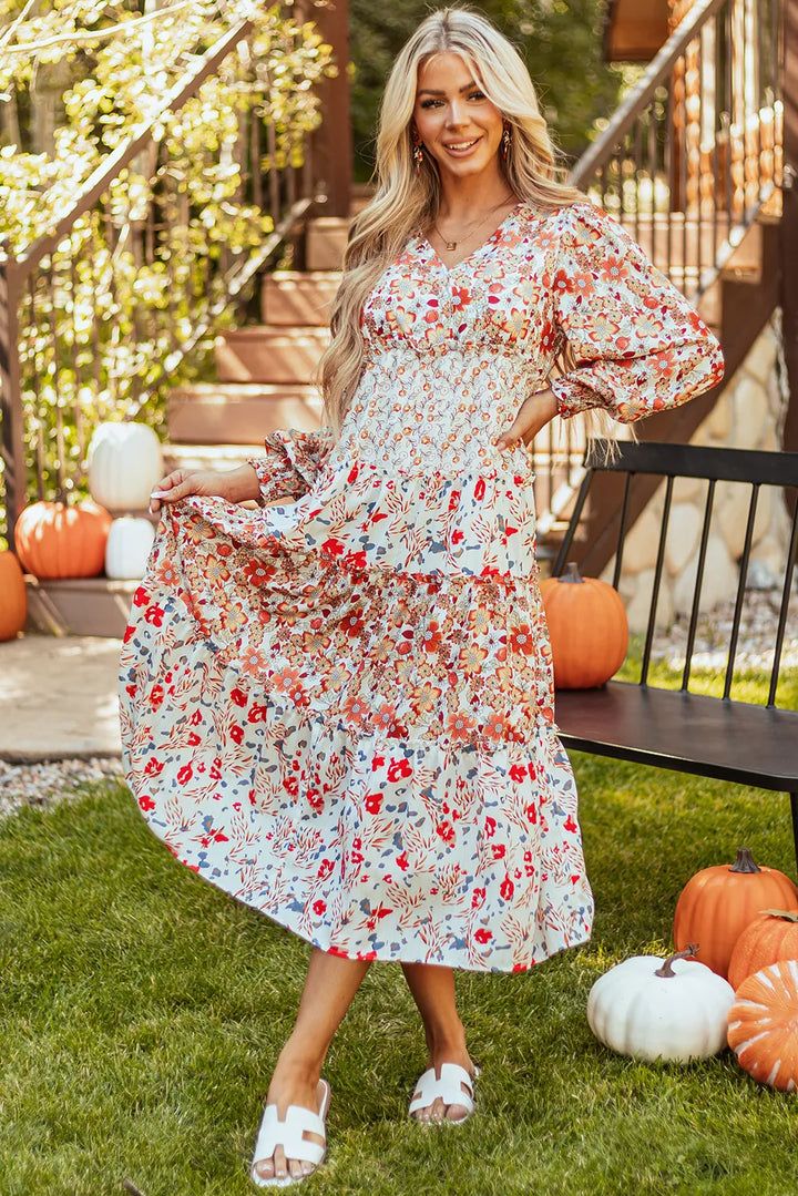 Full Size Printed V-Neck Lantern Sleeve Midi Dress | Trendsi