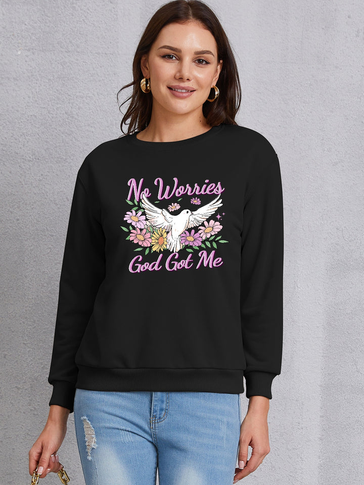 NO WORRIES GOD GOT ME Round Neck Sweatshirt | Trendsi