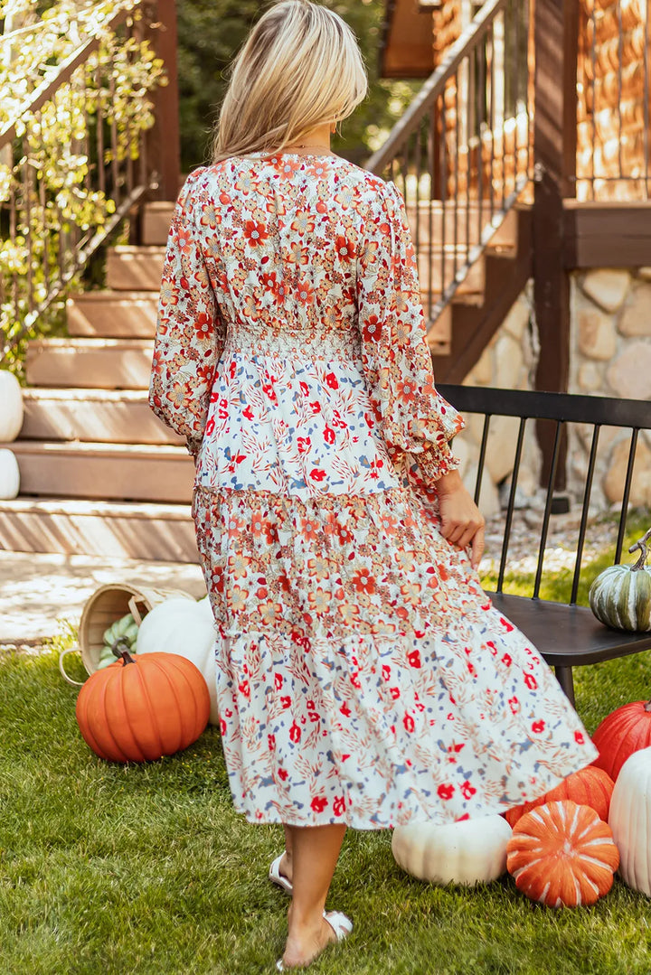 Full Size Printed V-Neck Lantern Sleeve Midi Dress | Trendsi