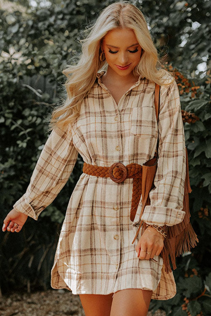 Plaid Collared Neck Long Sleeve Mini Shirt Dress | Trendsi