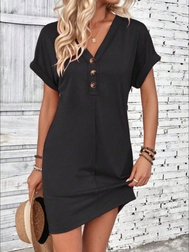 Quarter Button V-Neck Short Sleeve Dress | Trendsi