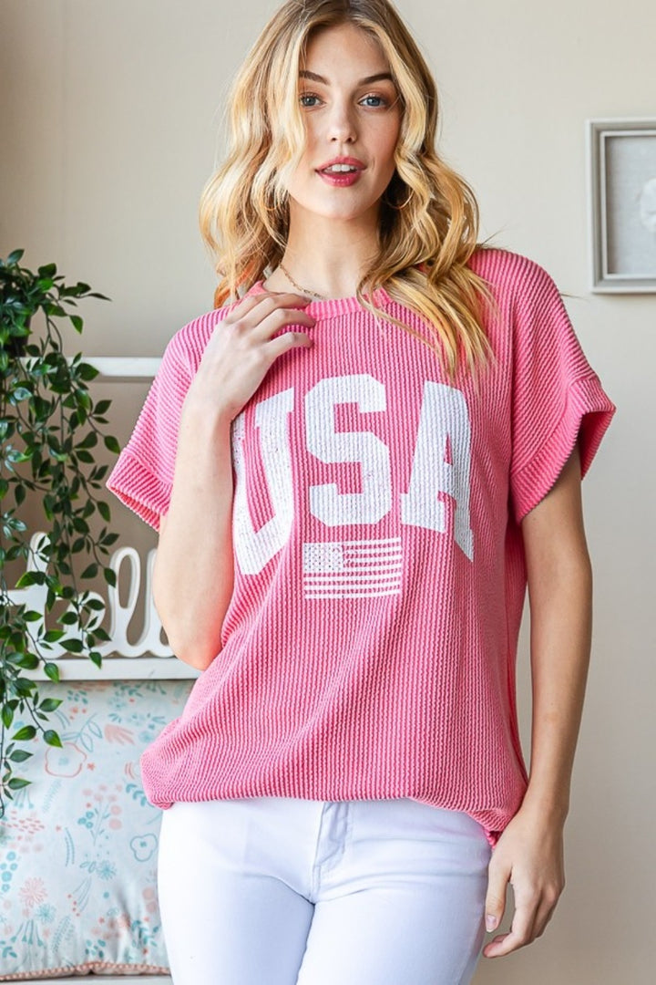 Heimish Full Size USA Graphic Short Sleeve Ribbed Top | Trendsi