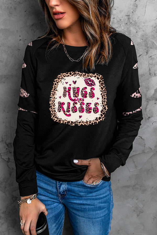 HUGS AND KISSES Leopard Round Neck Sweatshirt | Trendsi