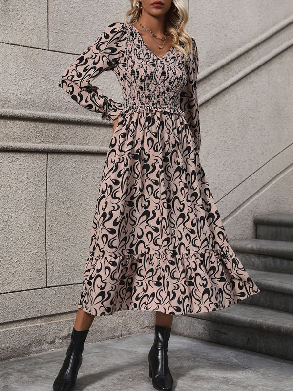 Printed V-Neck Long Sleeve Midi Dress | Trendsi