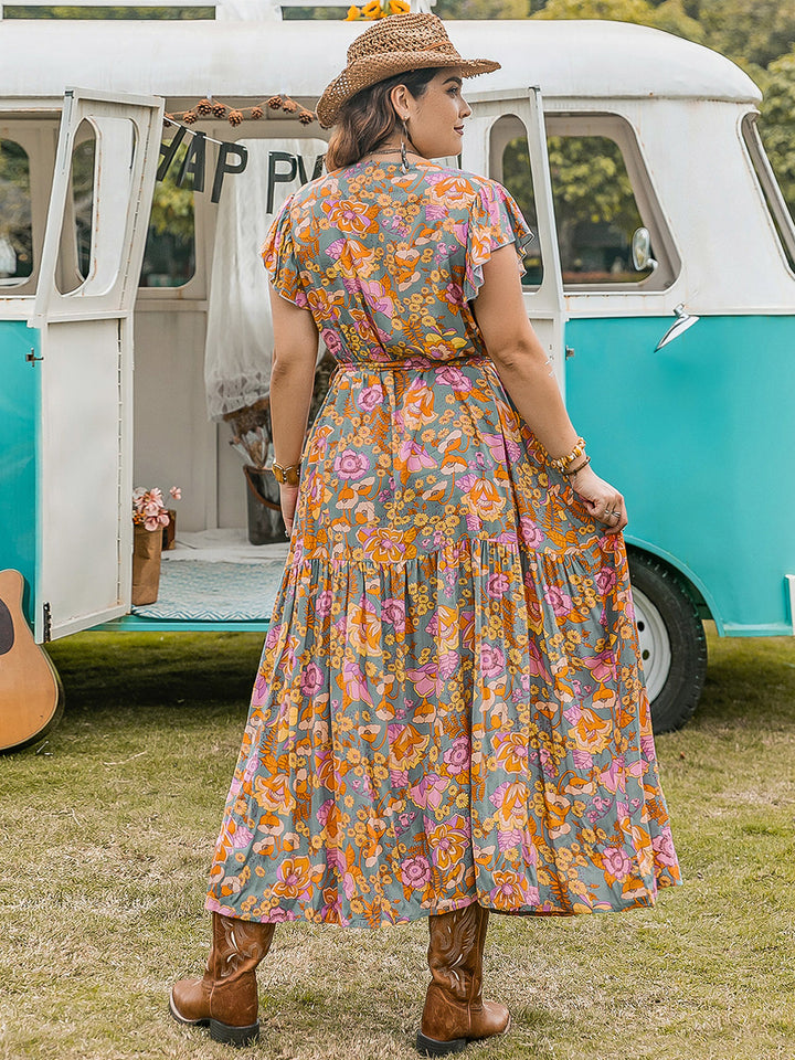 Plus Size Ruffled Printed Cap Sleeve Dress | Trendsi