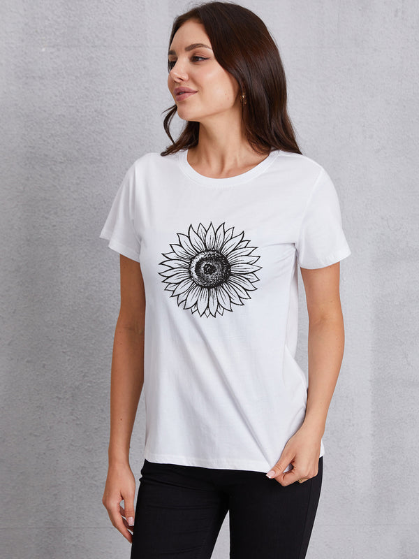 Flower Print Round Neck Short Sleeve T-Shirt | Trendsi