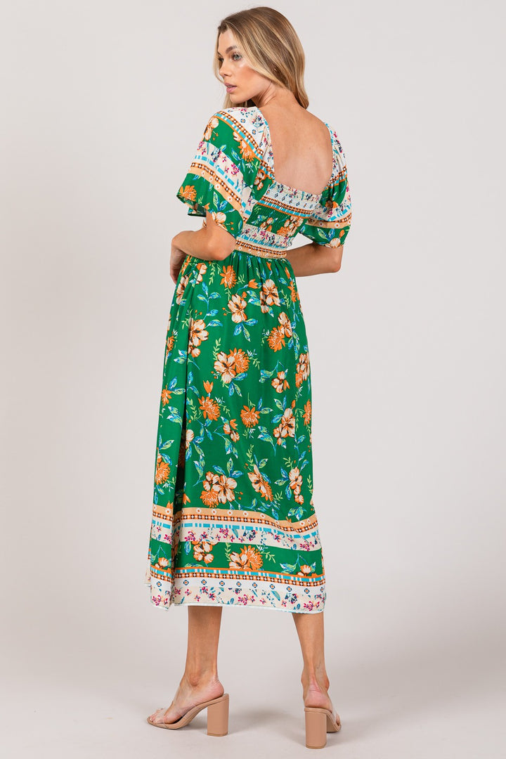 SAGE + FIG Printed Smocked Short Sleeve Midi Dress | Trendsi