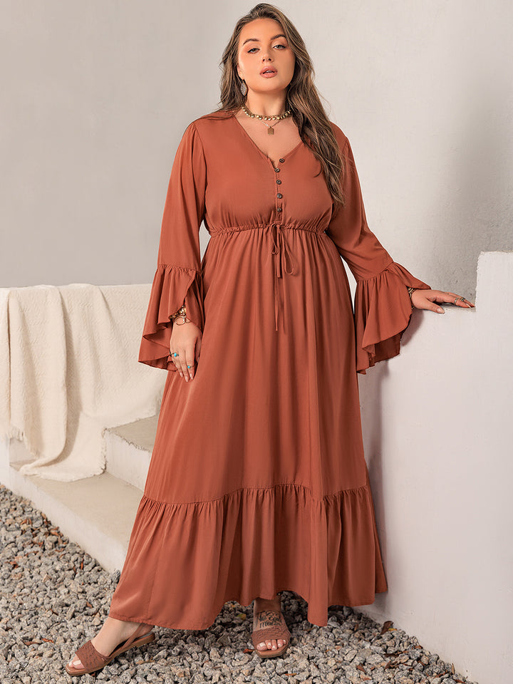 Plus Size V-Neck Flare Sleeve Maxi Dress | Trendsi