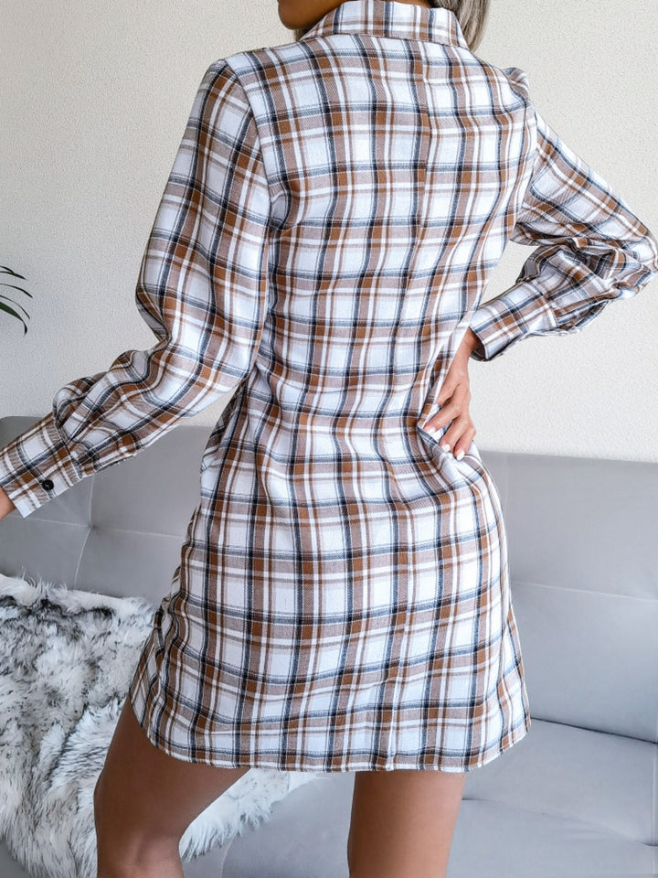 Tied Plaid Long Sleeve Mini Shirt Dress | Trendsi