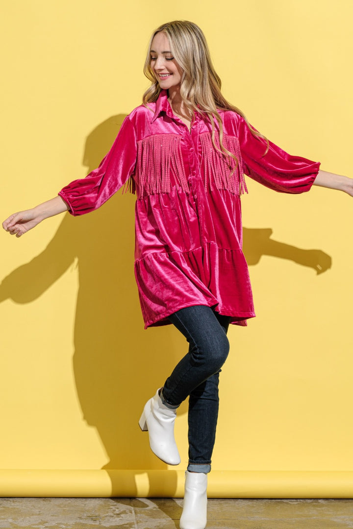 And The Why Fringe Detailed Velvet Shirt Dress | Trendsi