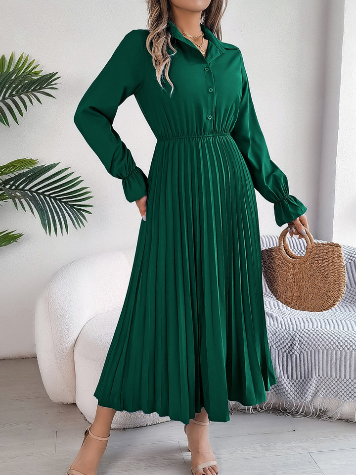 Pleated Half Button Long Sleeve Midi Dress | Trendsi