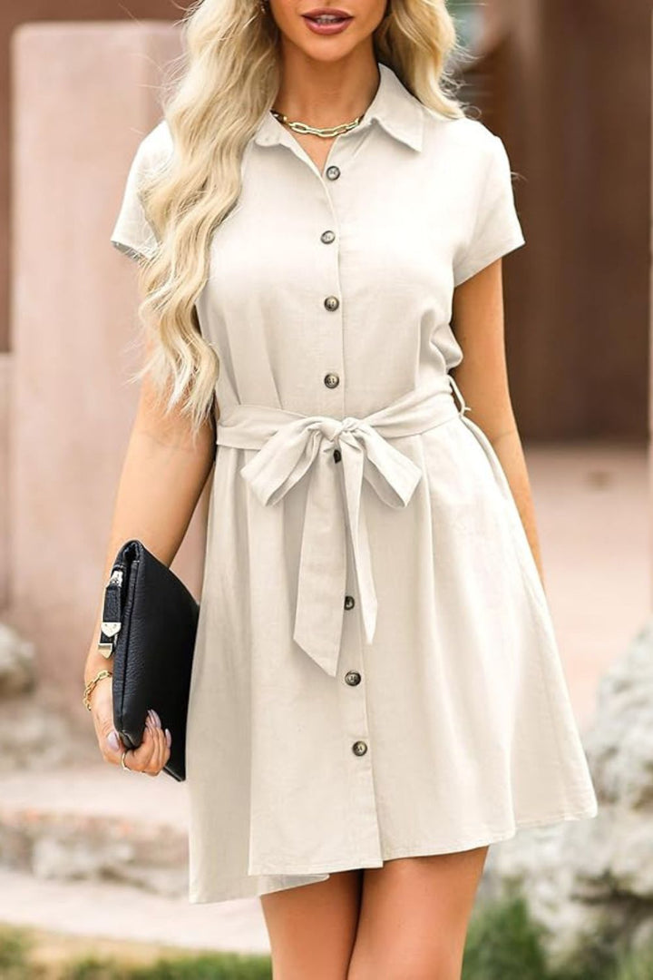 Tied Button Up Short Sleeve Dress | Trendsi