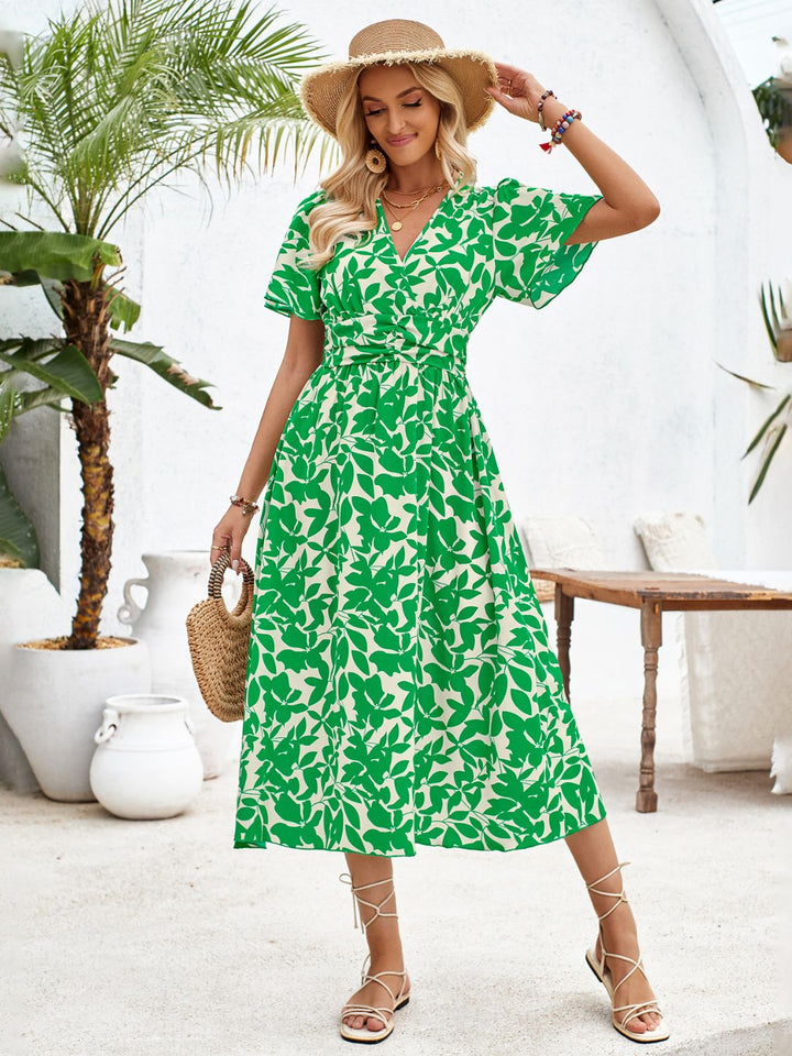 Printed Surplice Short Sleeve Midi Dress | Trendsi