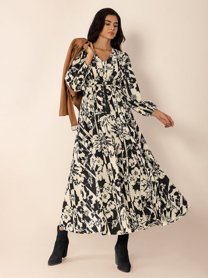 Tied Printed V-Neck Long Sleeve Midi Dress | Trendsi