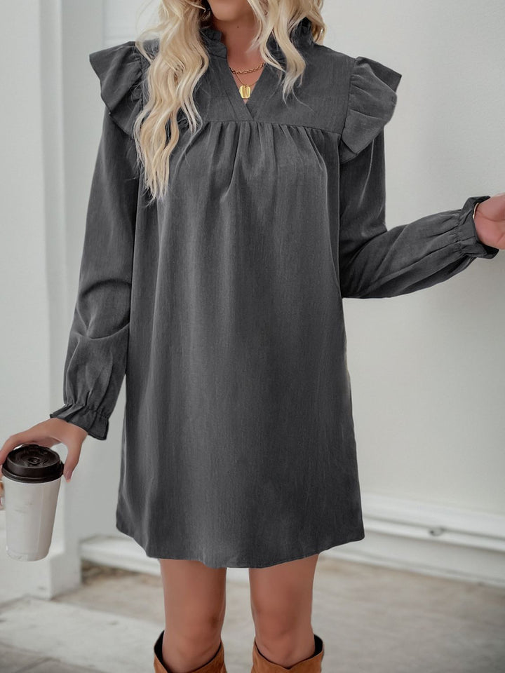 Perfee Ruffled Notched Long Sleeve Mini Dress | Trendsi