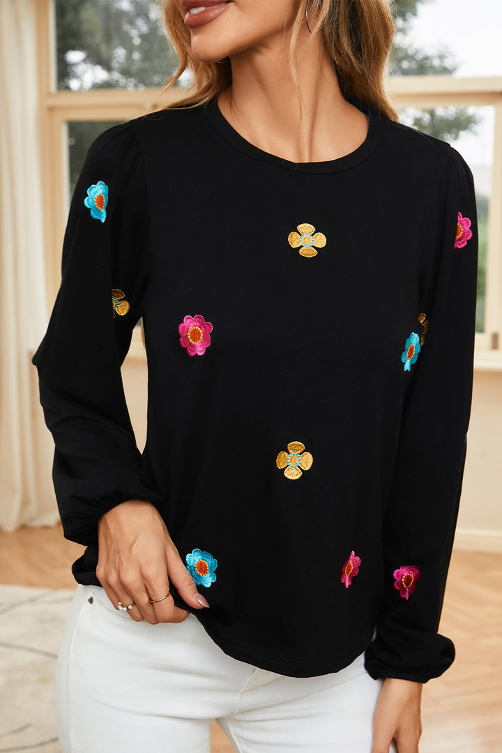 Flower Round Neck Balloon Sleeve Blouse | Trendsi