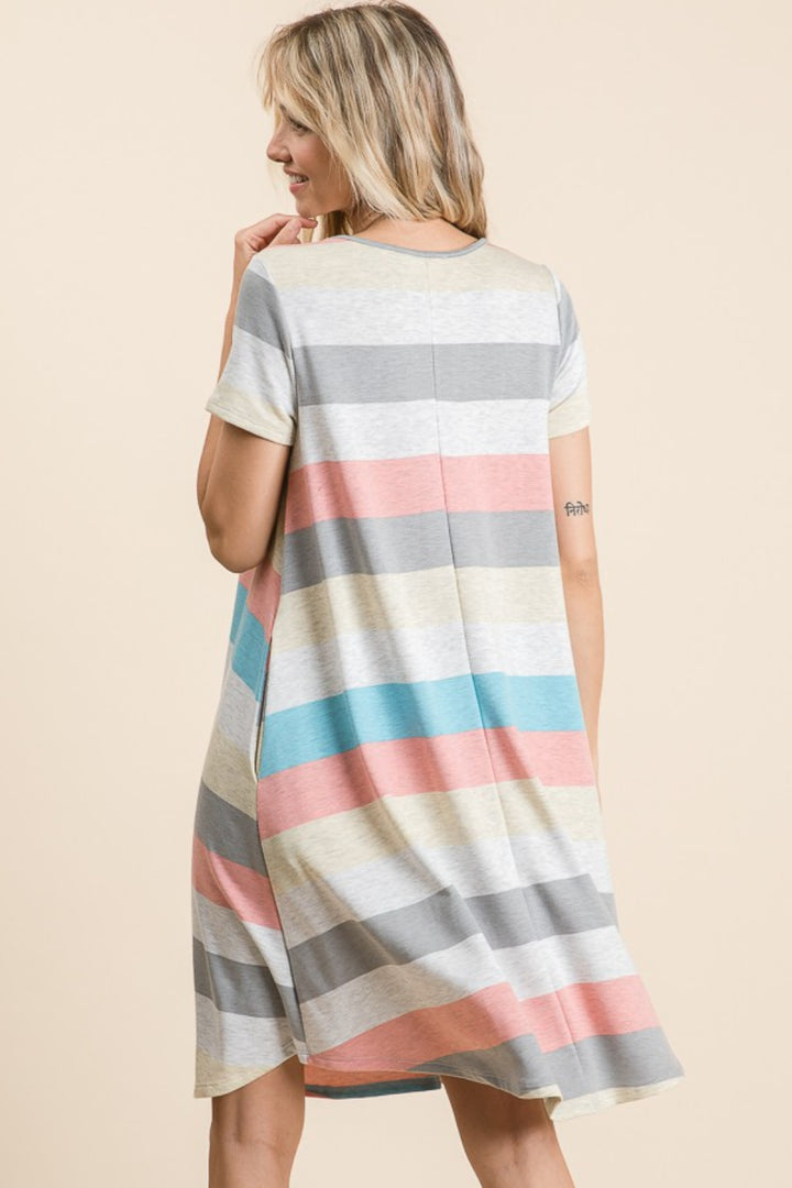 BOMBOM Striped Short Sleeve Dress with Pockets | Trendsi