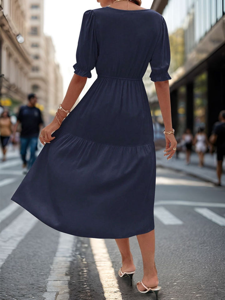 Ruched V-Neck Half Sleeve Midi Dress | Trendsi