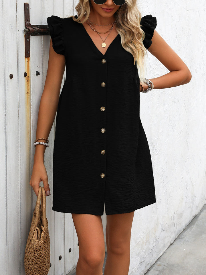 Button Up V-Neck Cap Sleeve Mini Dress | Trendsi