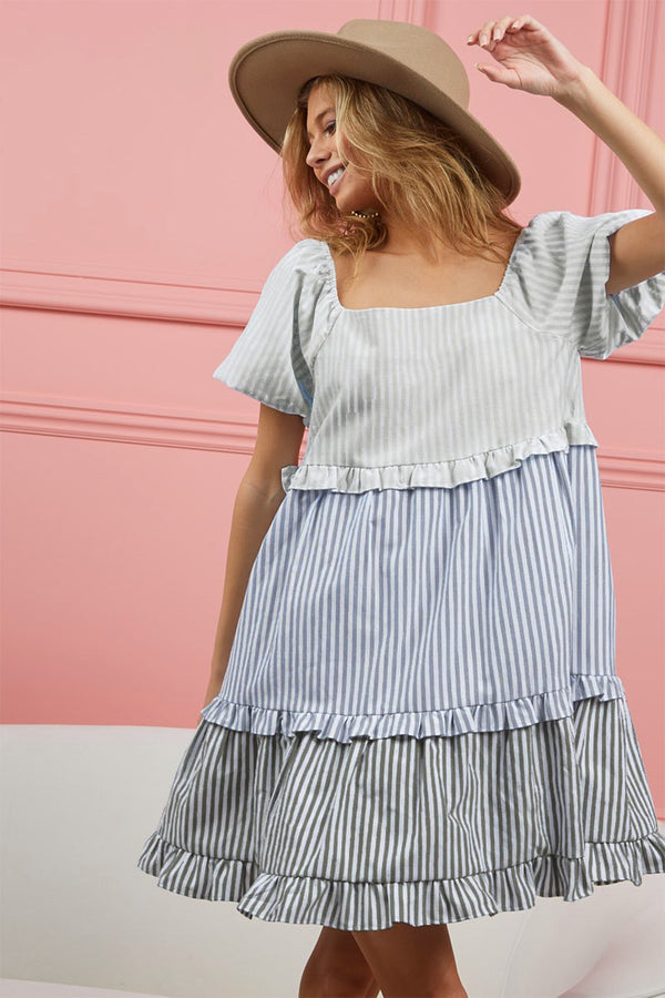BiBi Striped Ruffle Tiered Mini Dress | Trendsi