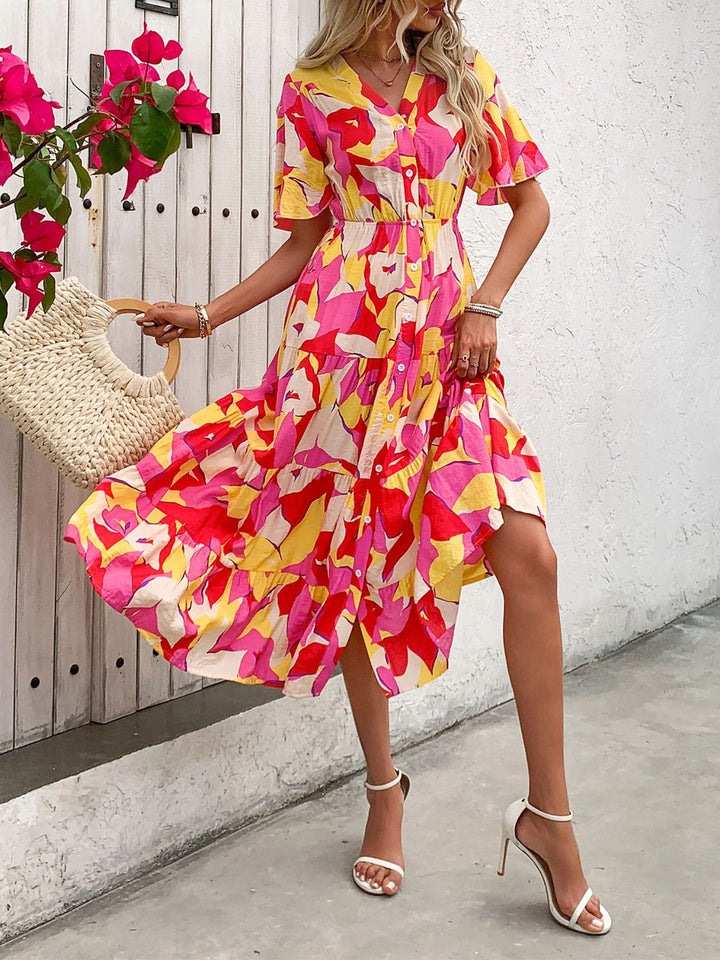 Printed V-Neck Flutter Sleeve Midi Dress | Trendsi