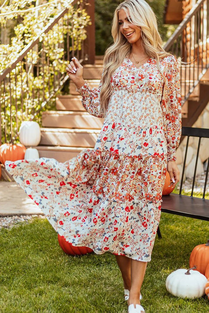 Full Size Printed V-Neck Lantern Sleeve Midi Dress | Trendsi