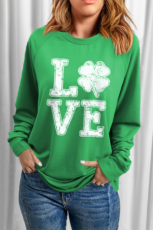 LOVE Lucky Clover Round Neck Sweatshirt | Trendsi