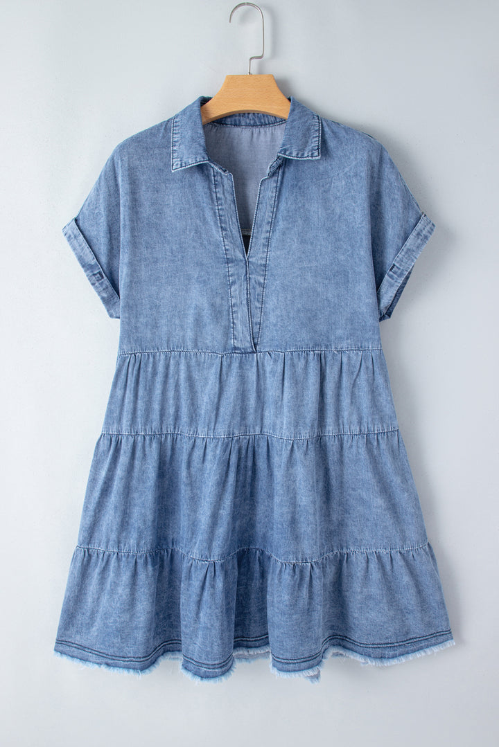 Raw Hem Collared Neck Short Sleeve Denim Dress | Trendsi