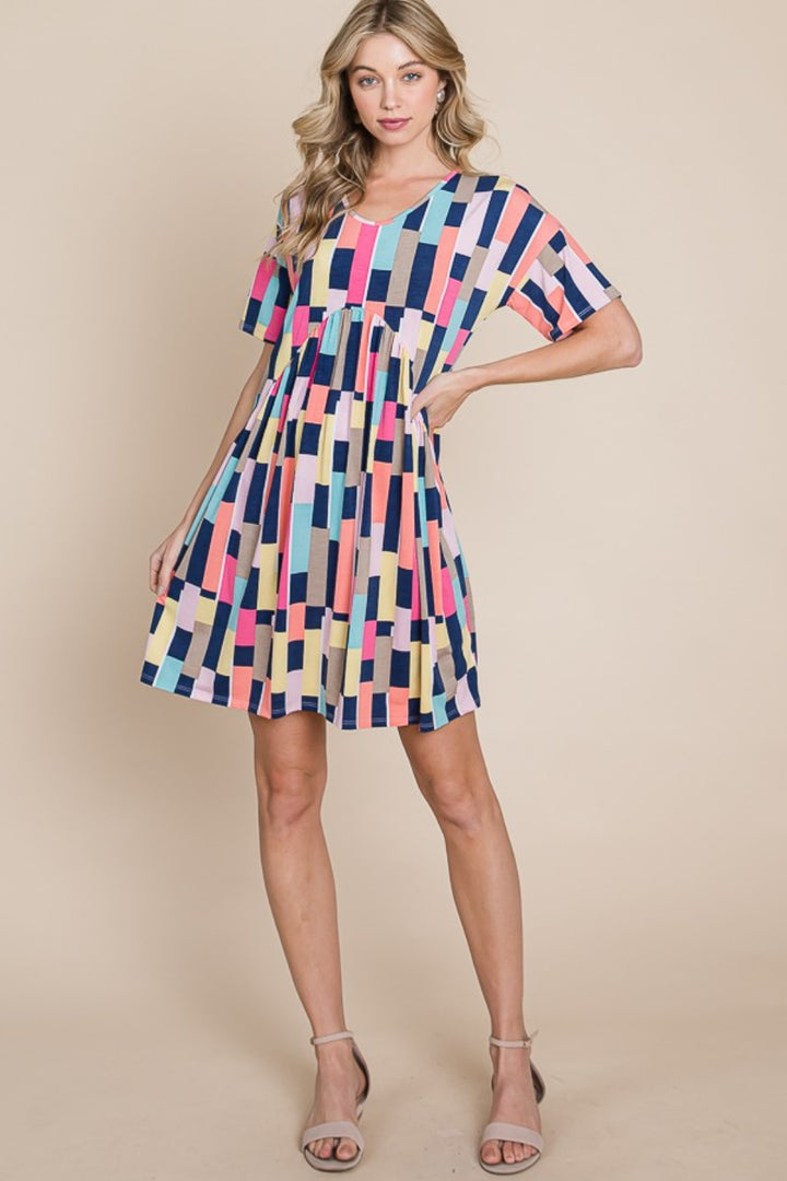 BOMBOM Ruched Color Block Short Sleeve Mini Dress | Trendsi