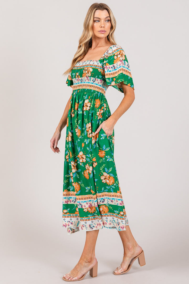 SAGE + FIG Printed Smocked Short Sleeve Midi Dress | Trendsi