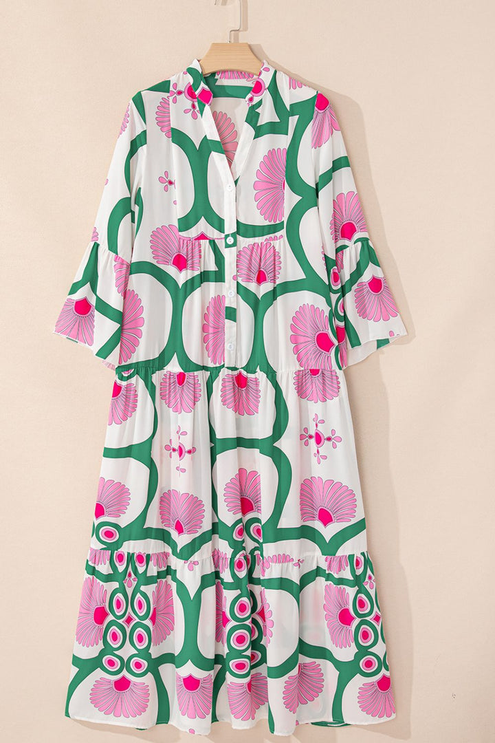 Printed Notched Long Sleeve Maxi Dress | Trendsi