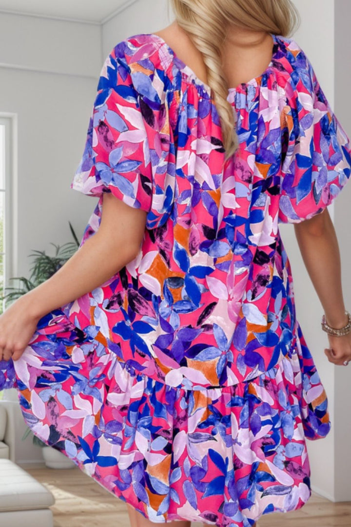 Printed Square Neck Short Sleeve Mini Dress | Trendsi