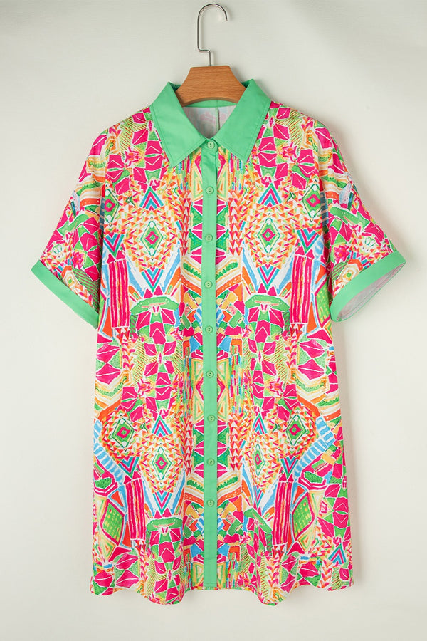 Printed Button Up Short Sleeve Mini Dress | Trendsi