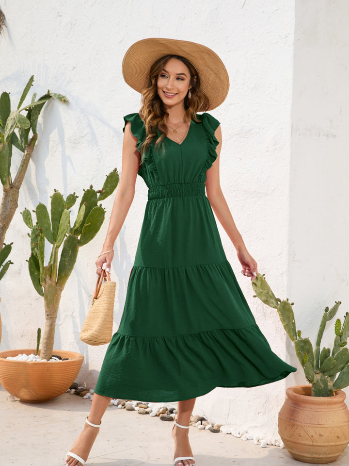 Tiered Ruffled V-Neck Cap Sleeve Dress | Trendsi