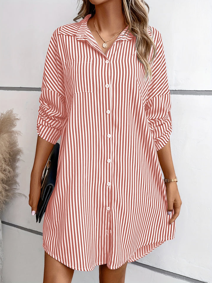 Striped Button Up Long Sleeve Mini Shirt Dress | Trendsi