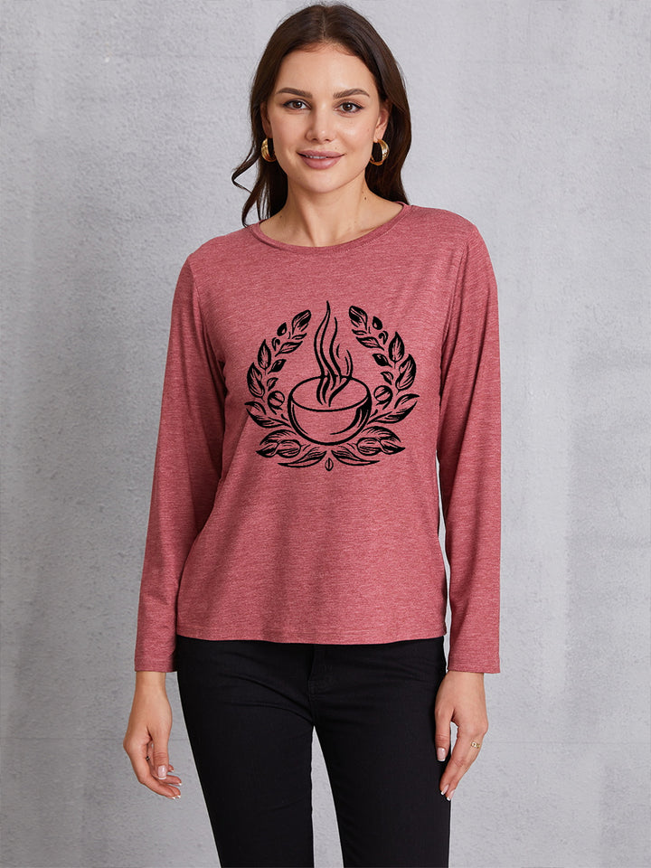 Coffee Graphic Round Neck Long Sleeve T-Shirt | Trendsi