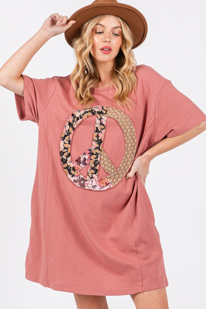 SAGE + FIG Full Size Peace Sign Applique Short Sleeve Tee Dress | Trendsi