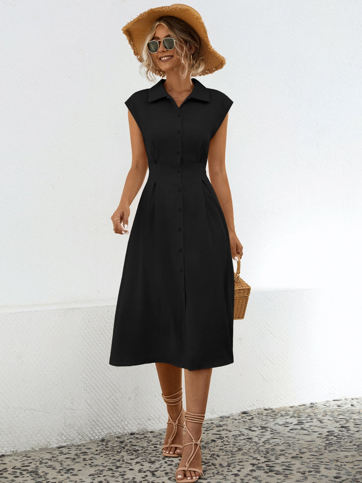 Button Up Cap Sleeve Midi Dress | Trendsi