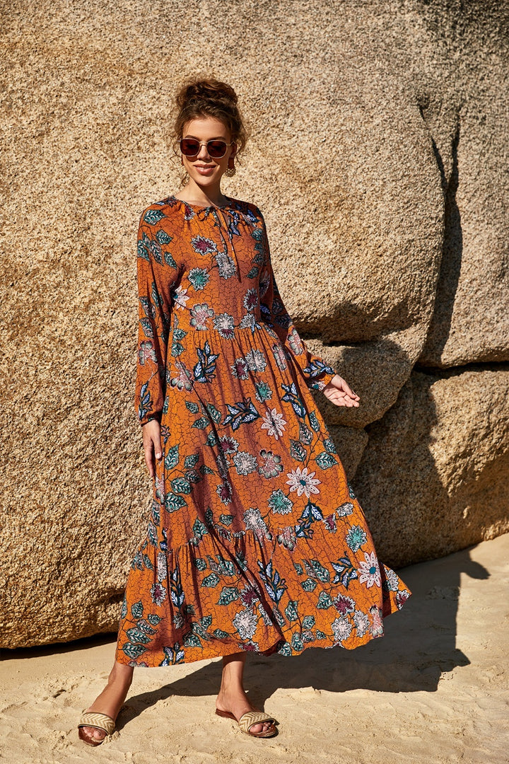 Printed Tie Neck Long Sleeve Dress | Trendsi