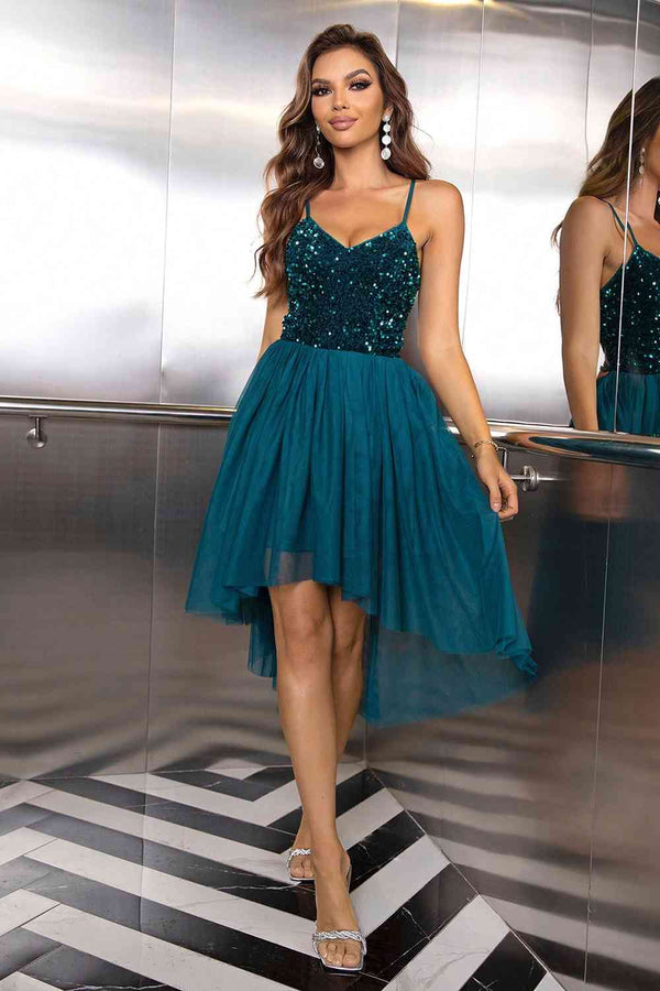 Sequin Spaghetti Strap High-Low Dress | 1mrk.com