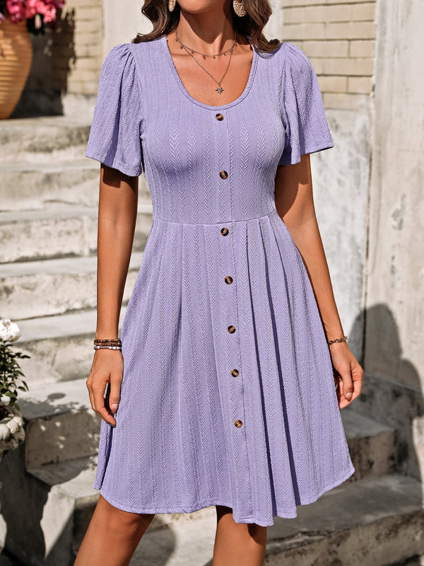 Decorative Button Scoop Neck Short Sleeve Dress | Trendsi
