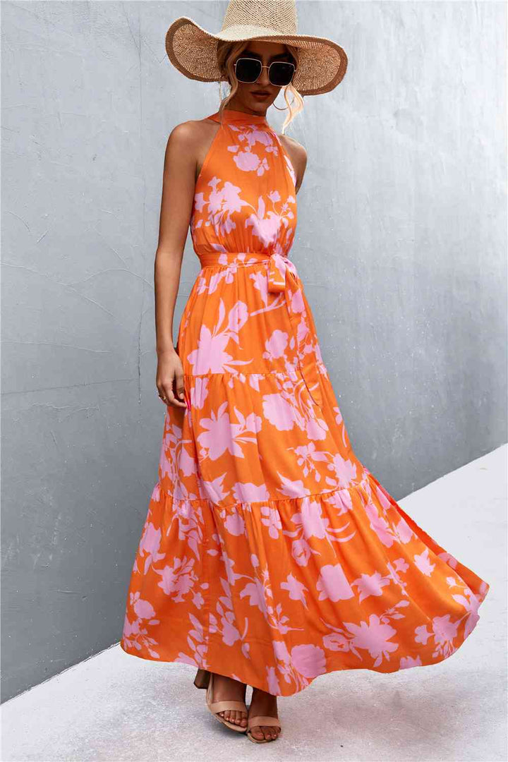 Printed Sleeveless Tie Waist Maxi Dress |1mrk.com