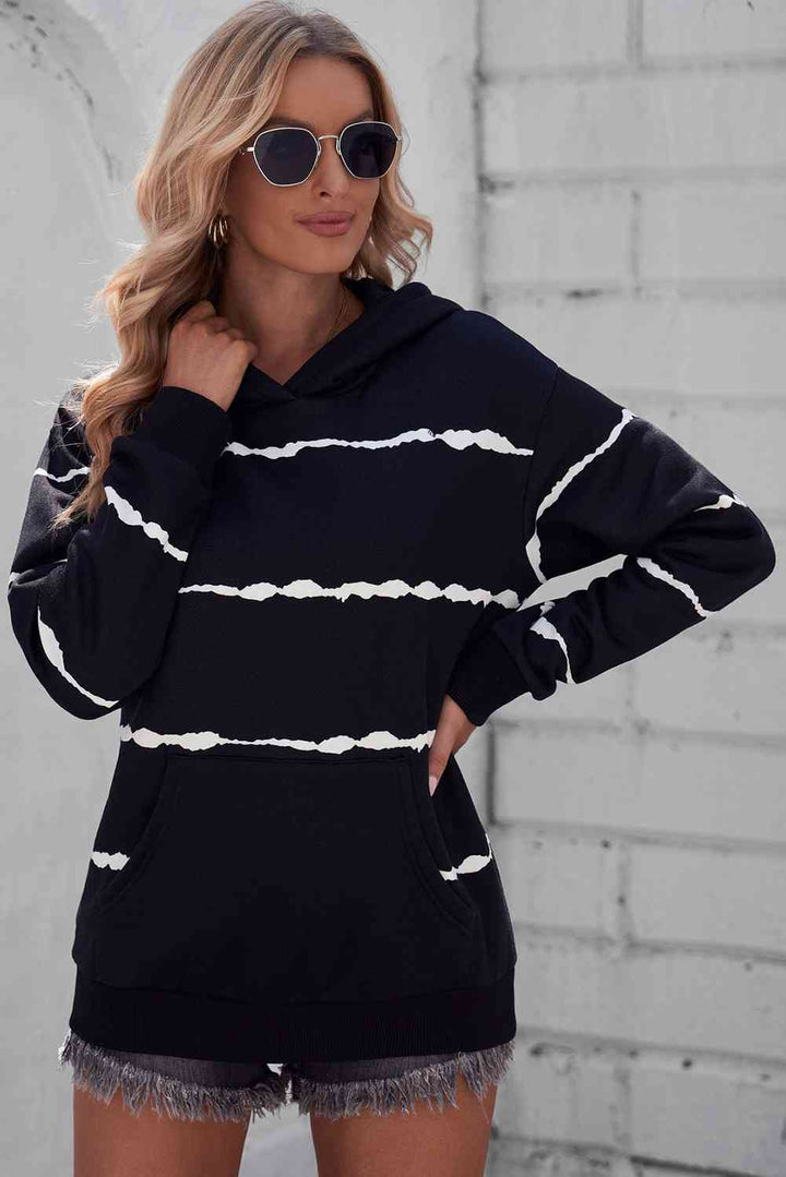 Striped Drop Shoulder Hoodie with Kangaroo Pocket | 1mrk.com