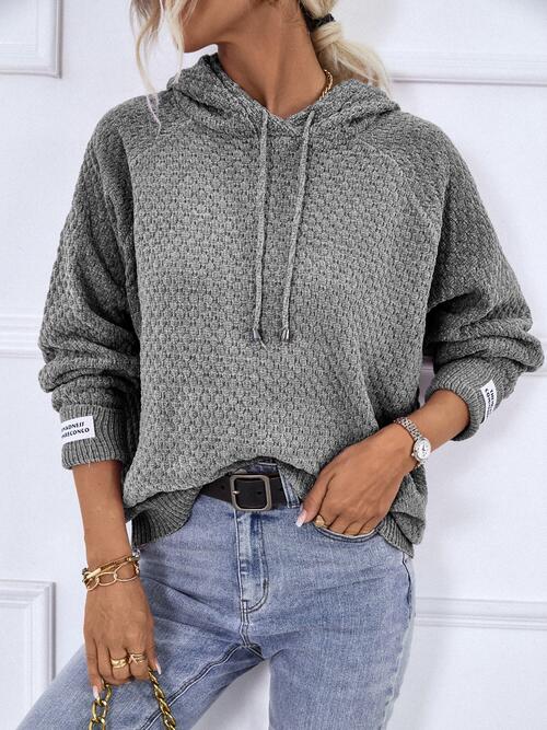 Texture Drawstring Long Sleeve Hooded Sweater | 1mrk.com