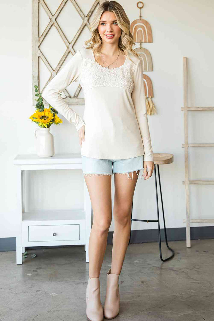 Double Take Lace Crochet Long Sleeve Top | 1mrk.com