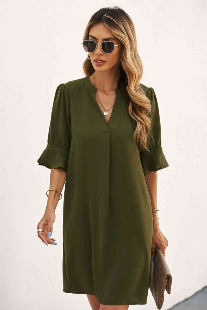 Puff Sleeve Notched Mini Shift Dress |1mrk.com