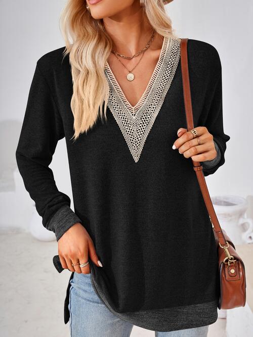 Crochet Contrast V-Neck Long Sleeve Slit T-Shirt | 1mrk.com